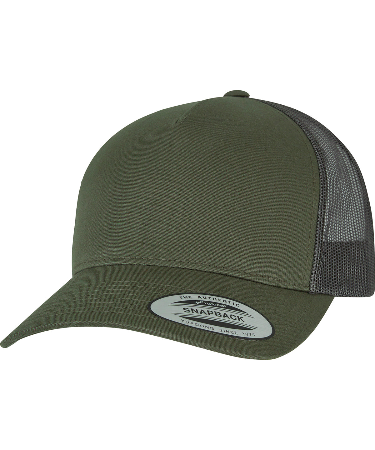 product image of flexfit 5 panel retro trucker cap in the colour chocolate chip / greyish brown viewed from the front photographed on a white background 