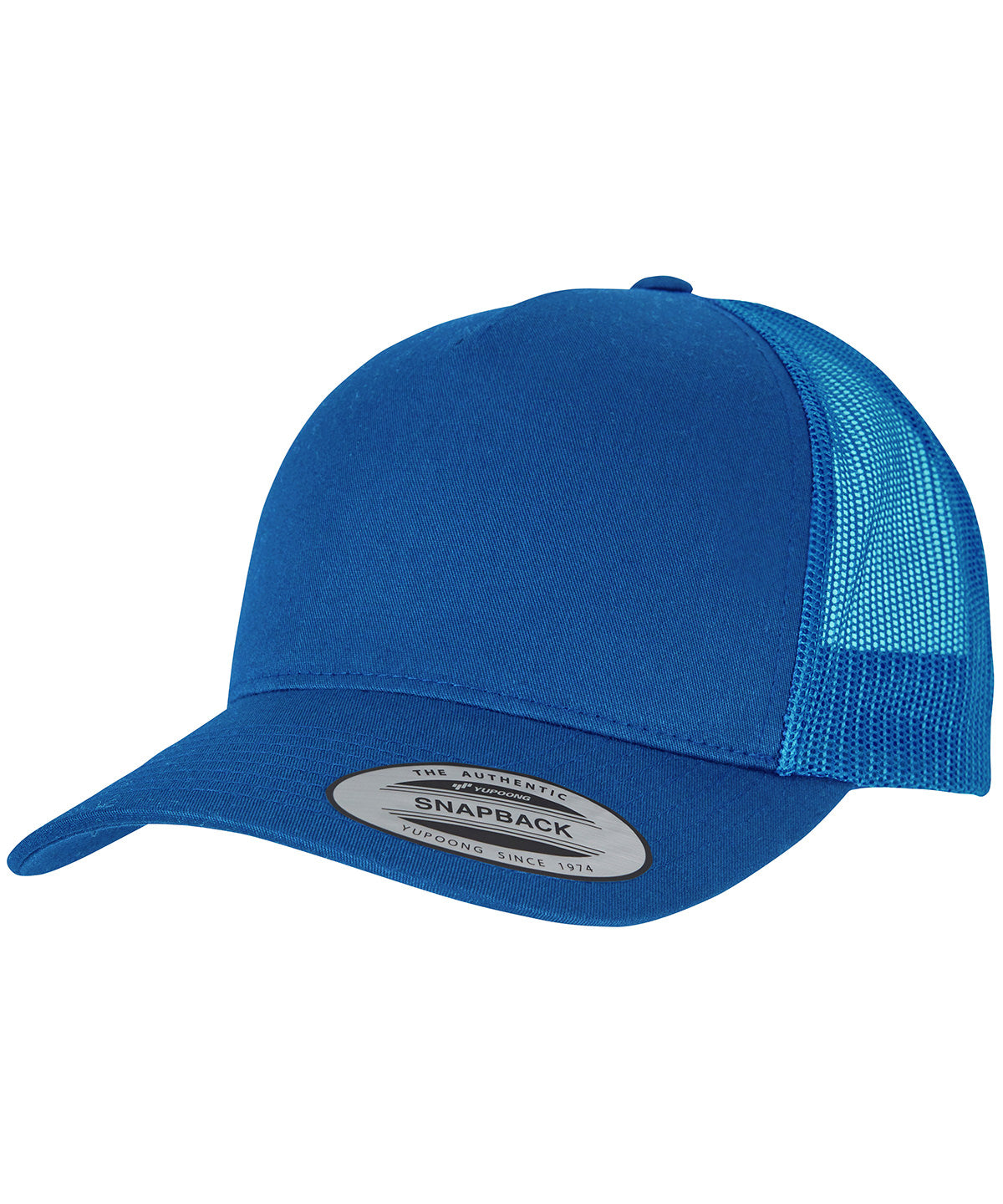 product image of flexfit 5 panel retro trucker cap in the colour dark cobalt viewed from the front photographed on a white background 