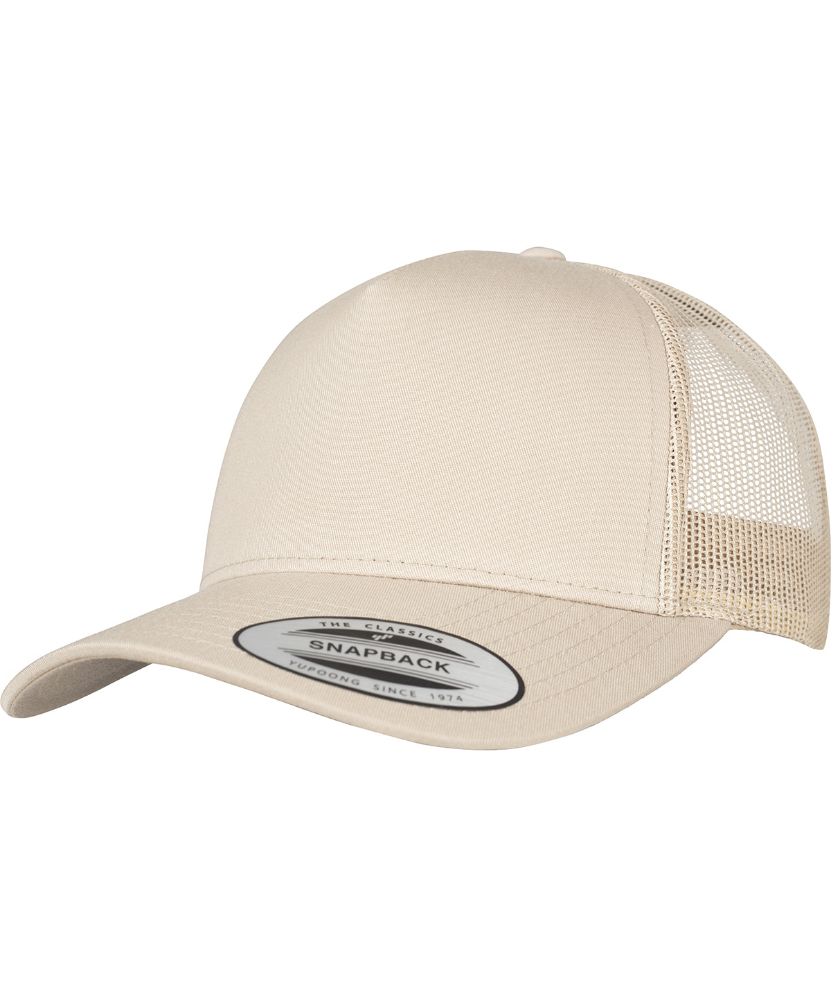 product image of flexfit 5 panel retro trucker cap in the colour khaki viewed from the front photographed on a white background 