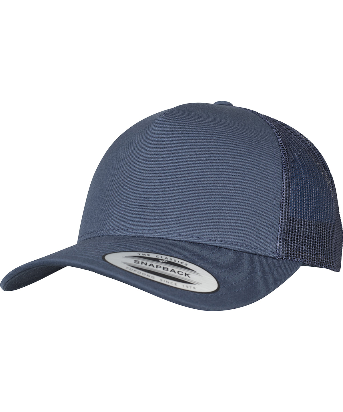 product image of flexfit 5 panel retro trucker cap in the colour navy viewed from the front photographed on a white background 