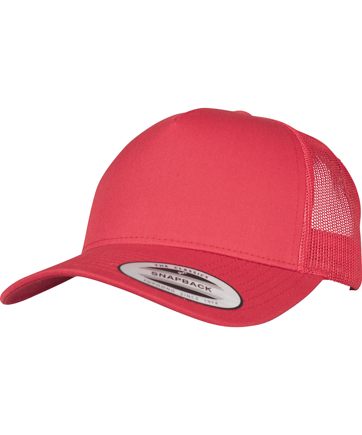 product image of flexfit 5 panel retro trucker cap in the colour red viewed from the front photographed on a white background 