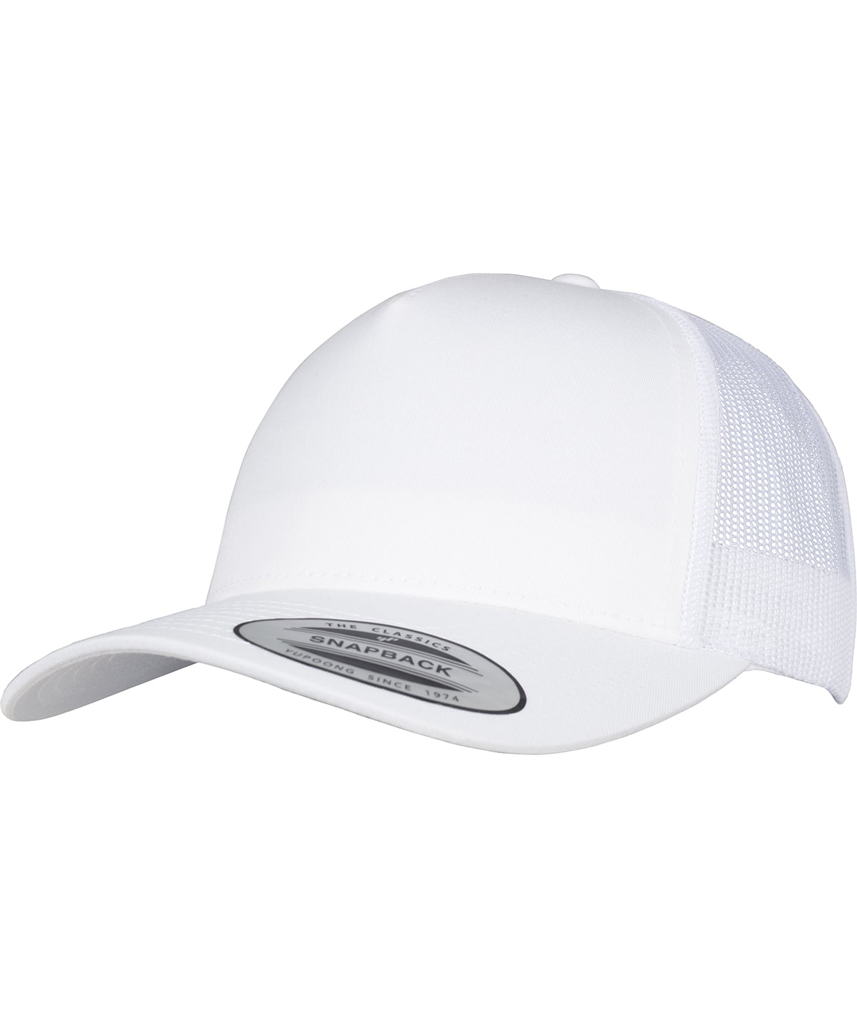 product image of flexfit 5 panel retro trucker cap in the colour white viewed from the front photographed on a white background 